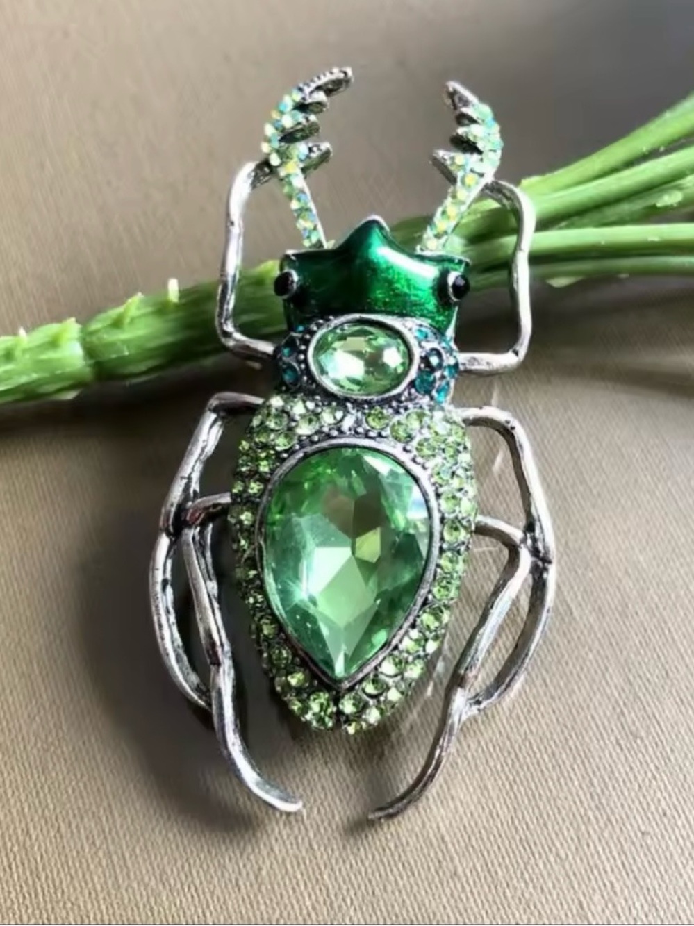 Green Crystal Beetle Brooch - Sparkling Insect Pin